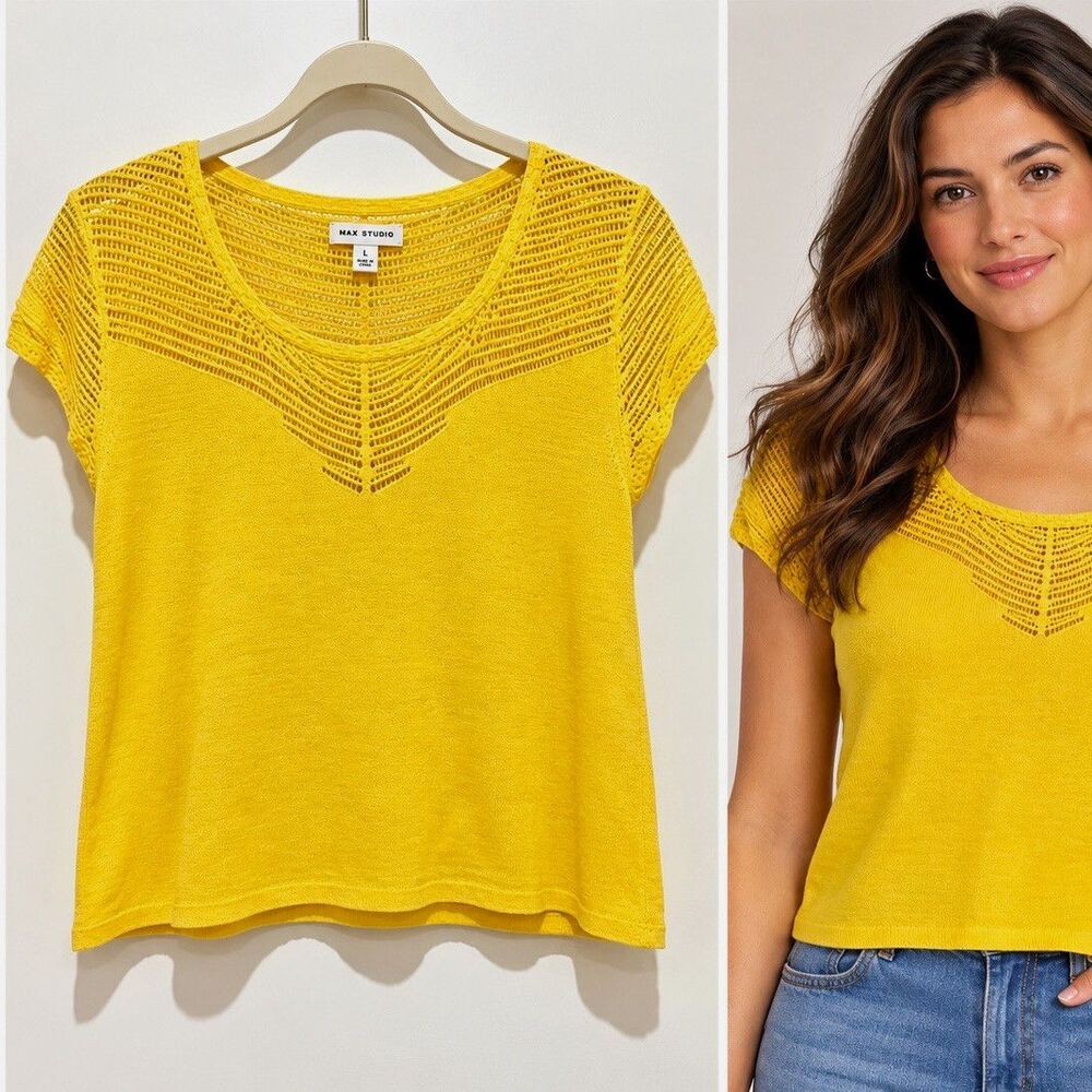 j.h. collectibles Women M Yellow Rayon Nylon Sweater Open Knit Scoop Neck